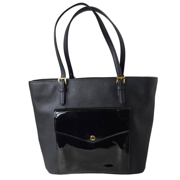 Michael Kors Black Jet Set Purse Large Patent Leather Pocket Minimalist Tote - Picture 1 of 11